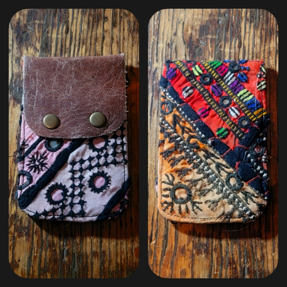 🧠🍳 Free People Boho Embroidered Repurposed vtg banjara hippie Wallet card case